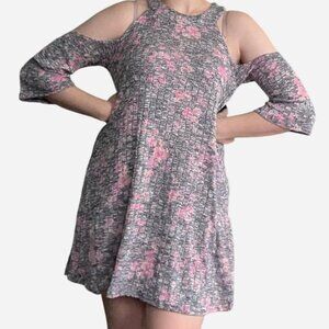 Grey and pink floral cold shoulder dress with a boho vibe